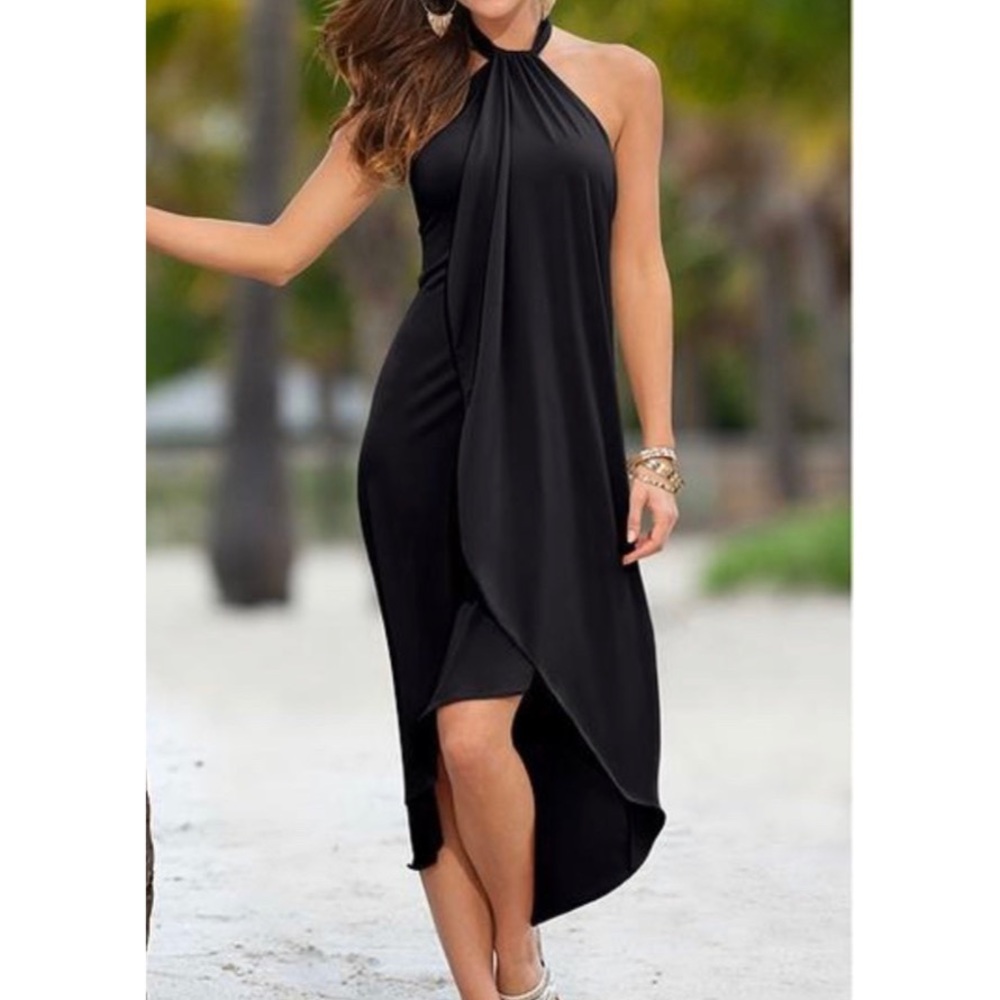 Waterfall black maxi dress